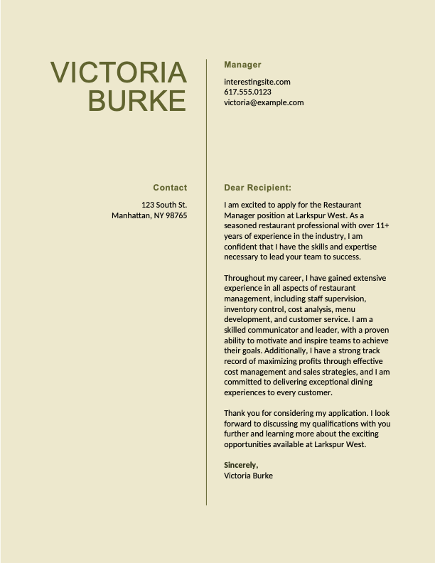 Classic food service cover letter